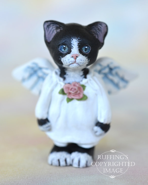 Tiptoe, miniature black-and-white tuxedo angel cat art doll, handmade original, one-of-a-kind kitten by artist Max Bailey