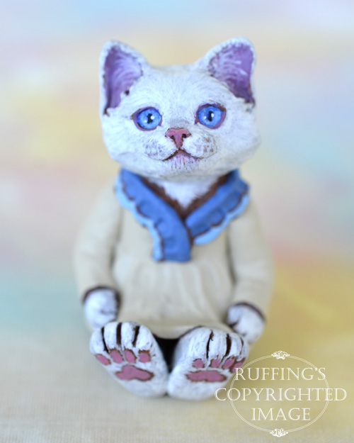 Trudy, miniature white cat art doll, handmade original, one-of-a-kind kitten by artist Max Bailey