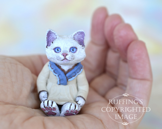 Trudy, miniature white cat art doll, handmade original, one-of-a-kind kitten by artist Max Bailey