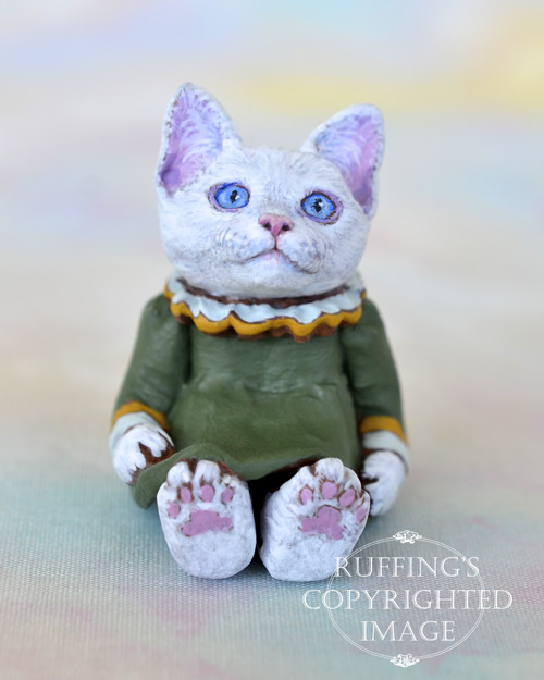 Victoria, miniature white cat art doll, handmade original, one-of-a-kind kitten by artist Max Bailey