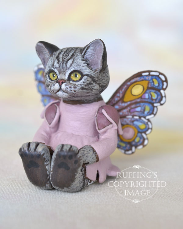 Vienna, miniature American Shorthair silver tabby fairy cat art doll, handmade original, one-of-a-kind kitten by artist Max Bailey