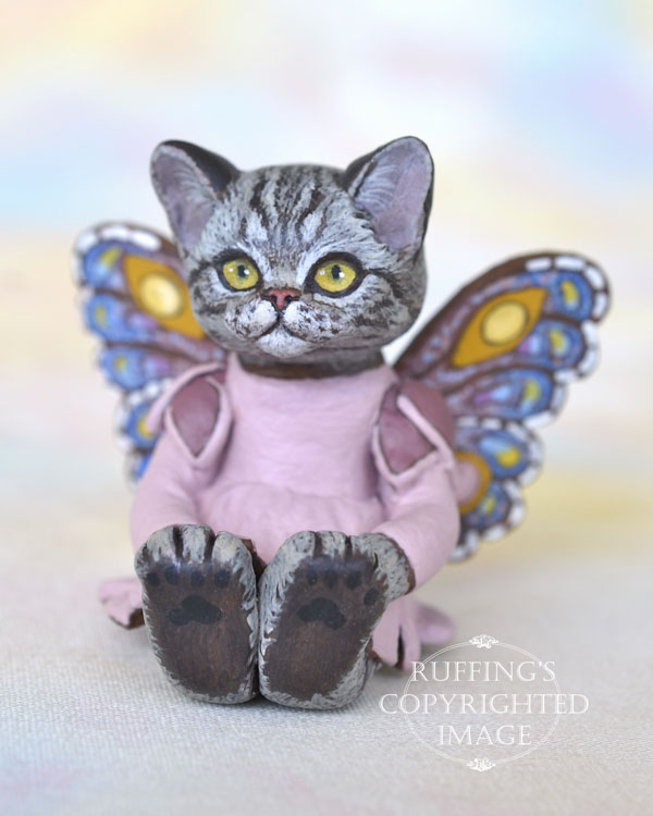 Vienna, miniature American Shorthair silver tabby fairy cat art doll, handmade original, one-of-a-kind kitten by artist Max Bailey