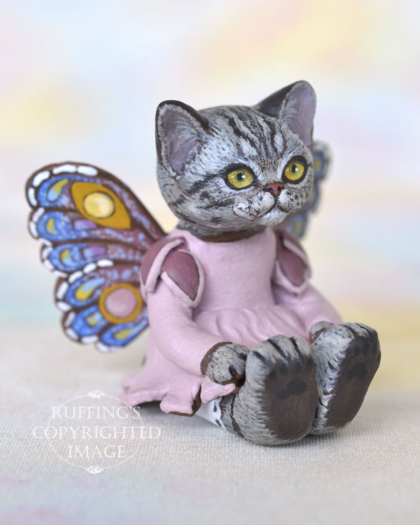 Vienna, miniature American Shorthair silver tabby fairy cat art doll, handmade original, one-of-a-kind kitten by artist Max Bailey