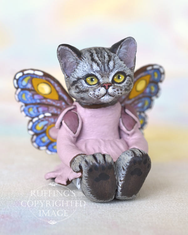 Vienna, miniature American Shorthair silver tabby fairy cat art doll, handmade original, one-of-a-kind kitten by artist Max Bailey