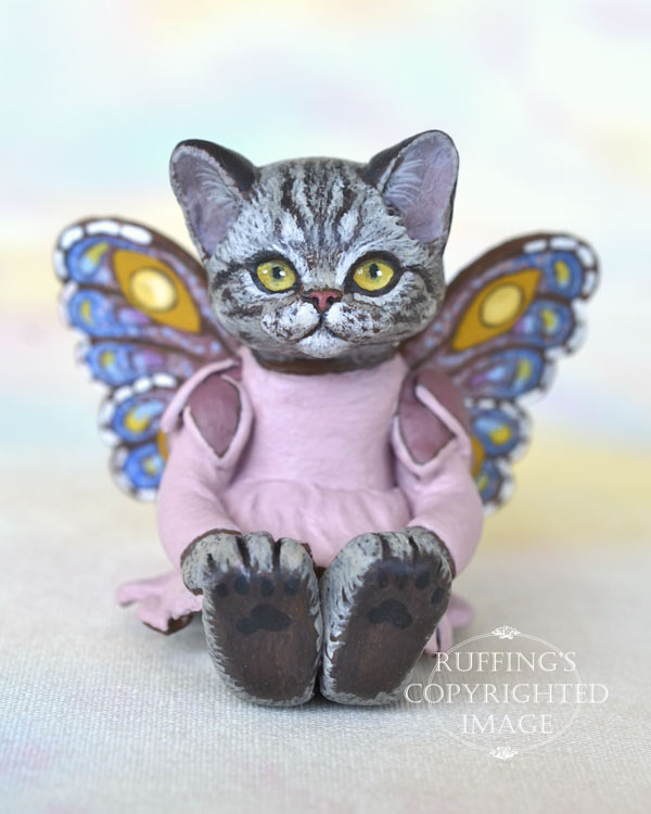 Vienna, miniature American Shorthair silver tabby fairy cat art doll, handmade original, one-of-a-kind kitten by artist Max Bailey