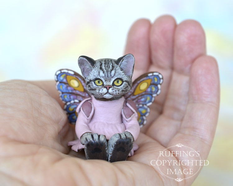 Vienna, miniature American Shorthair silver tabby fairy cat art doll, handmade original, one-of-a-kind kitten by artist Max Bailey