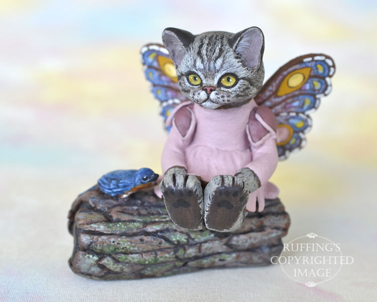 Vienna, miniature American Shorthair silver tabby fairy cat art doll, handmade original, one-of-a-kind kitten by artist Max Bailey