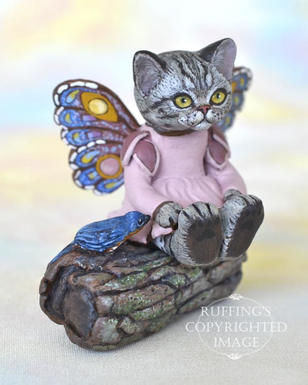 Vienna, miniature American Shorthair silver tabby fairy cat art doll, handmade original, one-of-a-kind kitten by artist Max Bailey