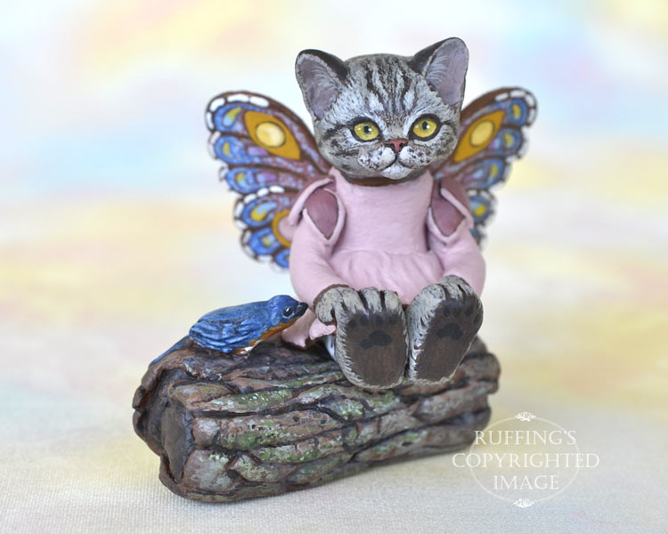 Vienna, miniature American Shorthair silver tabby fairy cat art doll, handmade original, one-of-a-kind kitten by artist Max Bailey