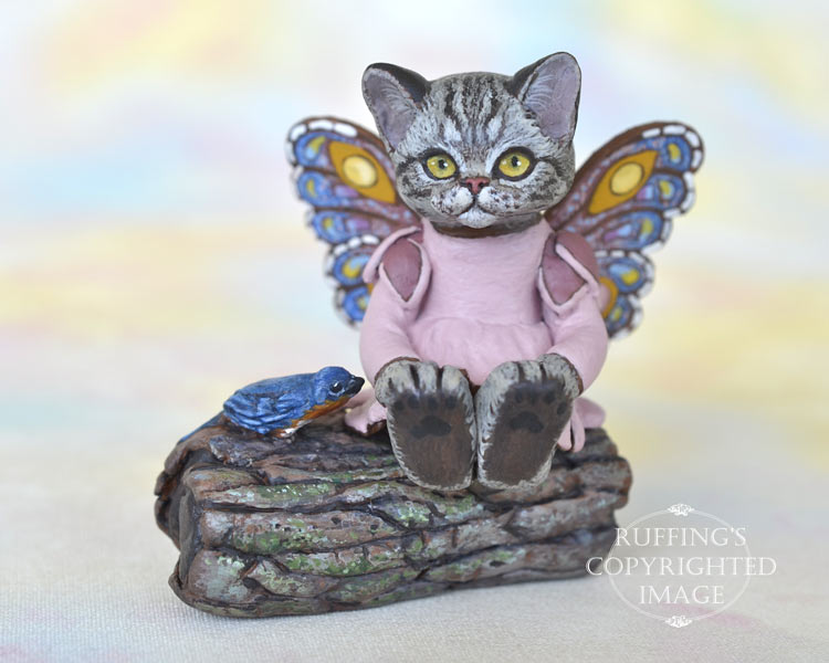 Vienna, miniature American Shorthair silver tabby fairy cat art doll, handmade original, one-of-a-kind kitten by artist Max Bailey