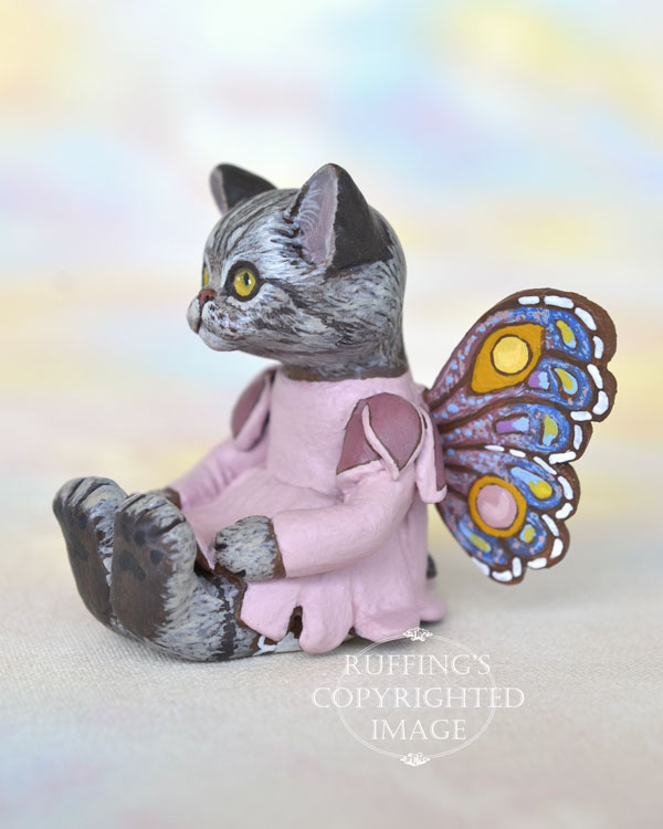 Vienna, miniature American Shorthair silver tabby fairy cat art doll, handmade original, one-of-a-kind kitten by artist Max Bailey