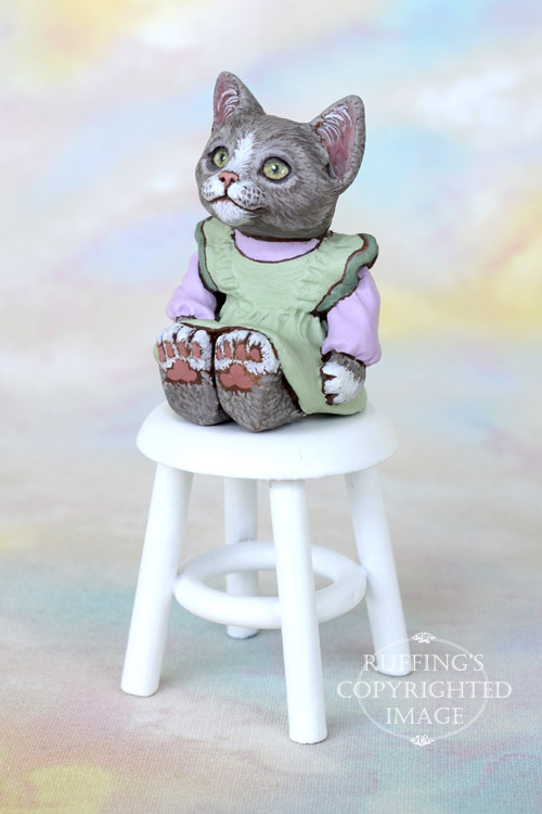 Miniature gray-and-white cat art doll, handmade original, one-of-a-kind kitten, Willow by artist Max Bailey