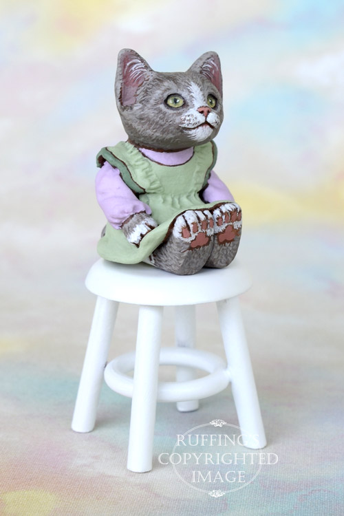 Miniature gray-and-white cat art doll, handmade original, one-of-a-kind kitten, Willow by artist Max Bailey