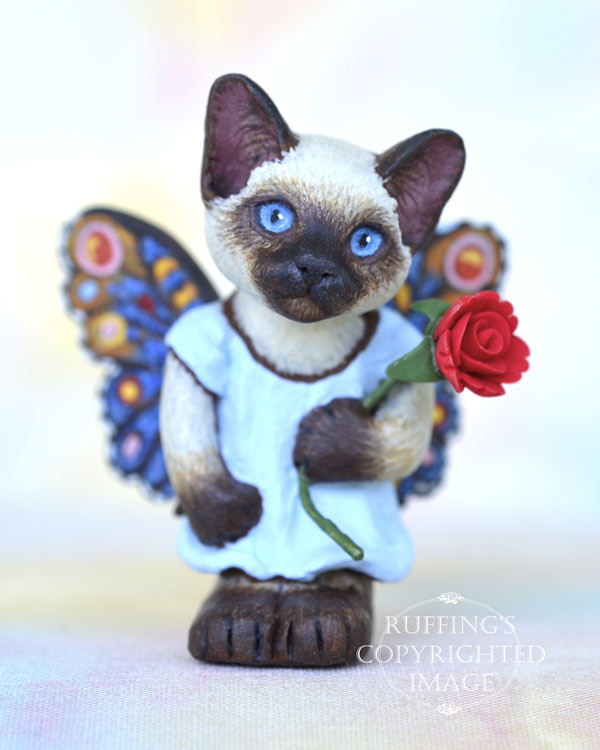 Zanda, miniature Siamese fairy cat art doll, handmade original, one-of-a-kind kitten by artist Max Bailey