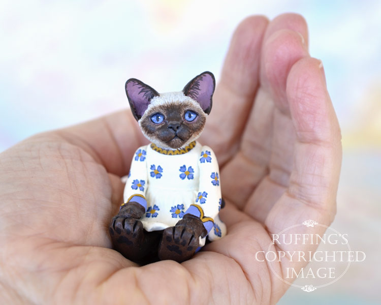 Zella, miniature Siamese cat art doll, handmade original, one-of-a-kind kitten by artist Max Bailey