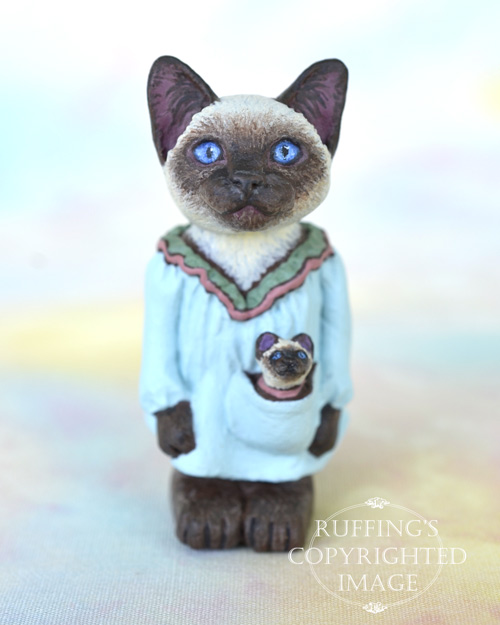 Zelma and Zooey, miniature Siamese cat art doll, handmade original, one-of-a-kind kittens by artist Max Bailey