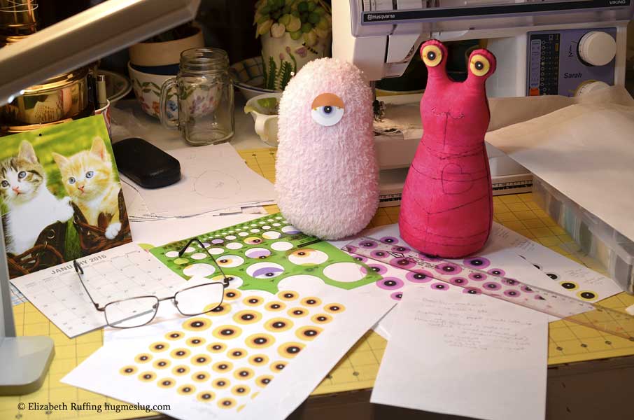 Hug Me Monster and Hug Me Slug stuffed toys in progress by Elizabeth Ruffing