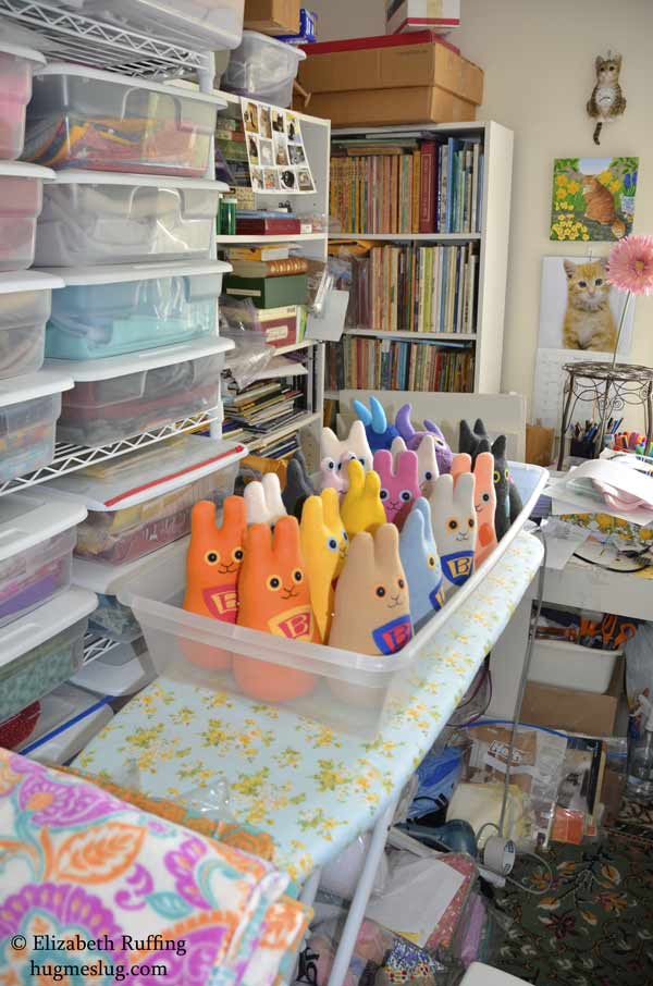 Wonder Bunny plush art toys in progress, by Elizabeth Ruffing