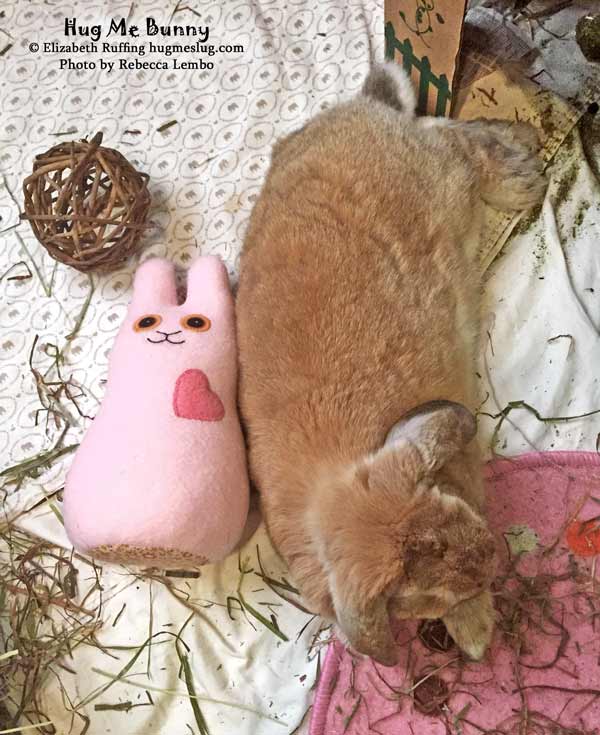 Samantha the lop-eared bunny cuddling with her pink Hug Me Bunny plush, by Elizabeth Ruffing