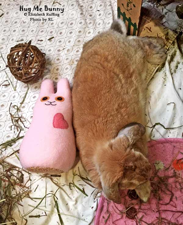 Pink fleece Hug Me Bunny, handmade plush stuffed animal rabbit, by Elizabeth Ruffing, with tan rabbit