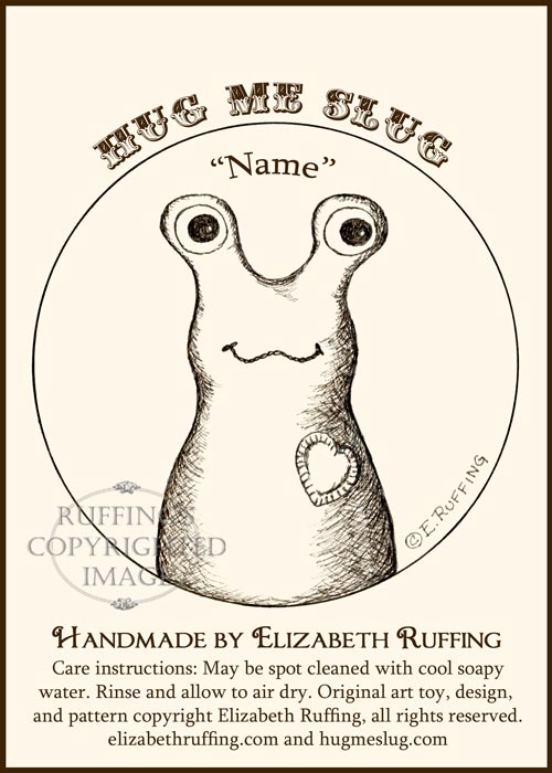 Hug Me Slug hang tag with pen-and-ink art by Elizabeth Ruffing