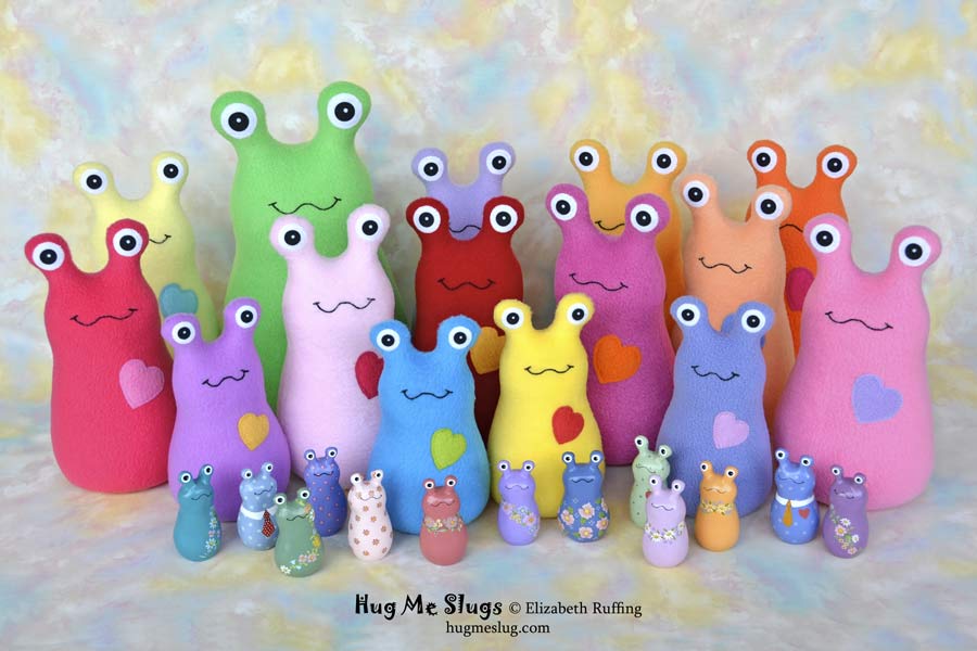 Assorted Hug Me Slugs, stuffed slug toys and figurines by Elizabeth Ruffing