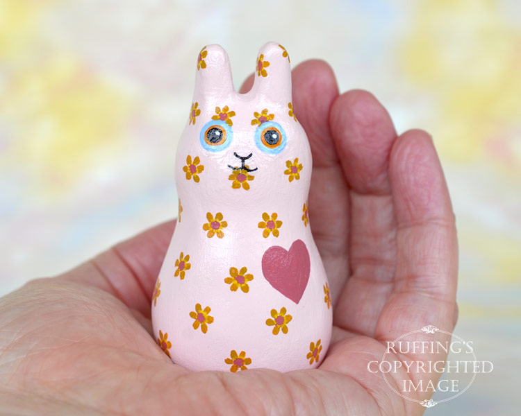Buttons Bunnyton, original, one-of-a-kind miniature handmade peach-pink floral bunny rabbit art doll figurine by artist Elizabeth Ruffing