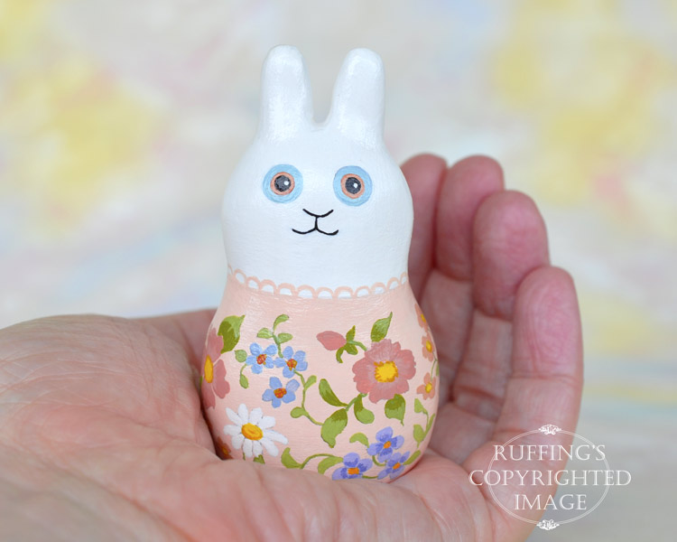 Jeanina Jingles, original, one-of-a-kind miniature handmade white bunny rabbit art doll figurine by artist Elizabeth Ruffing