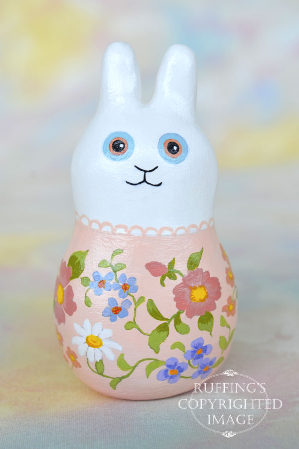 Jeanina Jingles, original, one-of-a-kind miniature handmade white bunny rabbit art doll figurine by artist Elizabeth Ruffing