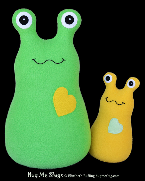 Medium green and yellow Hug Me Slugs, plush toys by Elizabeth Ruffing