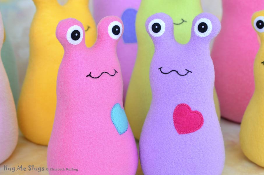Pink and lavender Hug Me Slug handmade plush stuffed toy animals by Elizabeth Ruffing