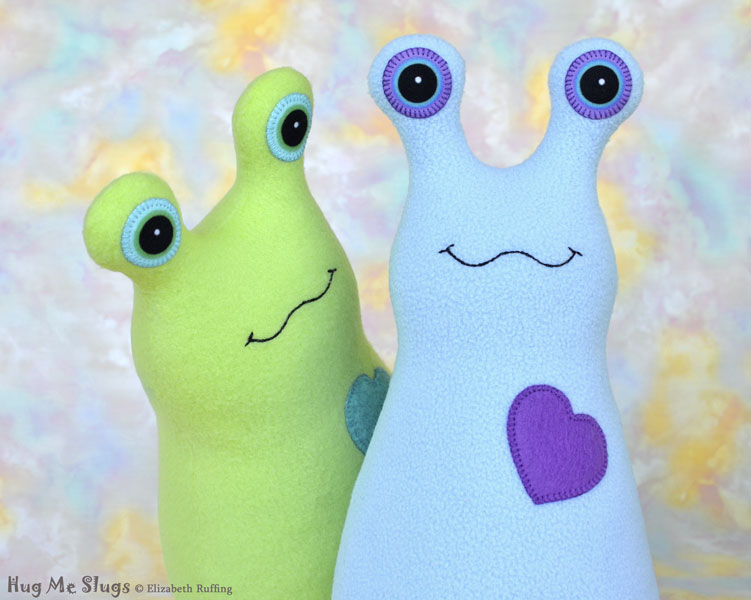 Pear Green and Light Blue Handmade Fleece Hug Me Slug Stuffed Animal Plush Art Toys, by artist Elizabeth Ruffing