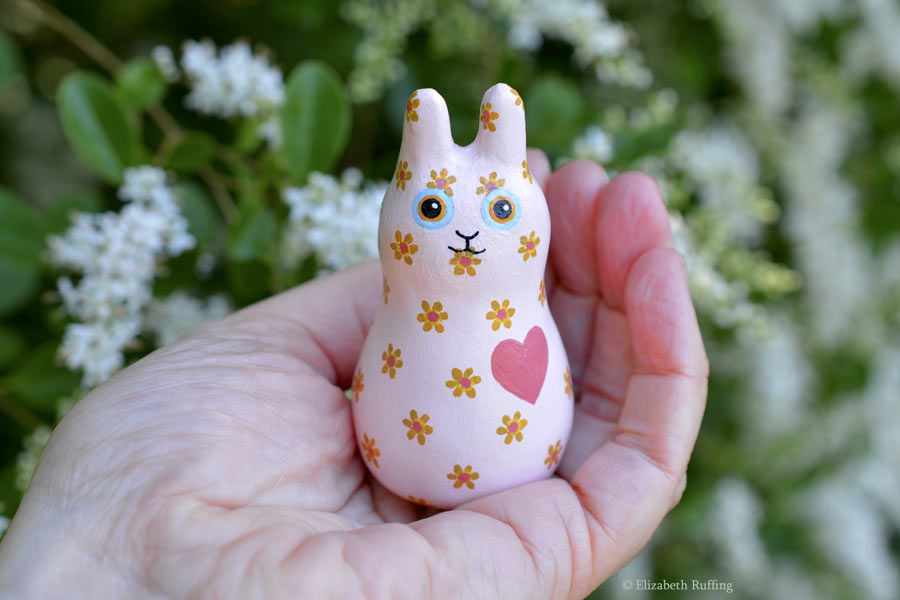 Buttons Bunnyton, original, one-of-a-kind miniature handmade peach-pink floral bunny rabbit art doll figurine by artist Elizabeth Ruffing