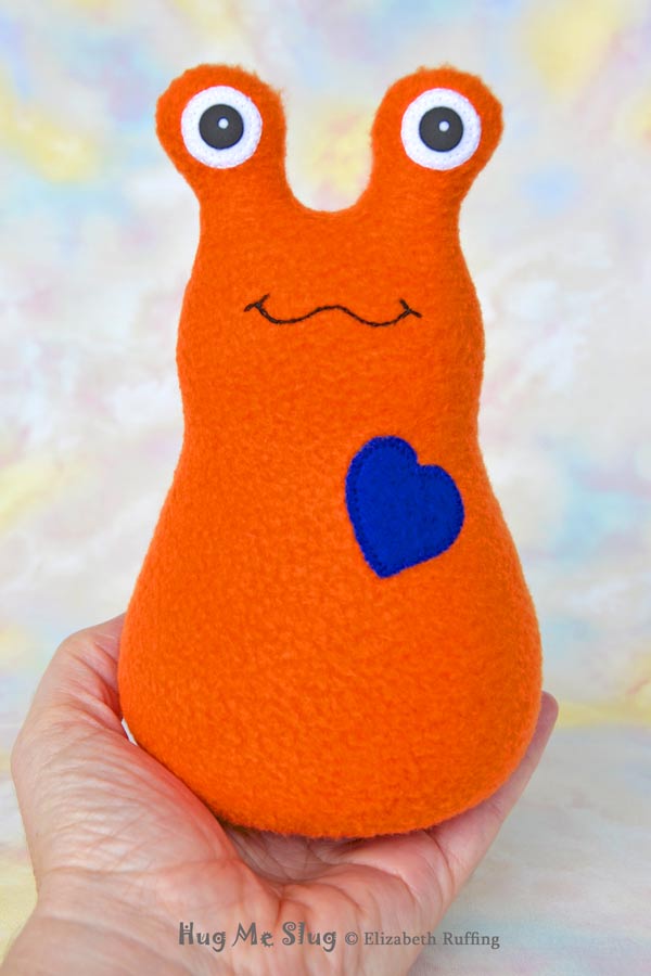 Handmade Orange Hug Me Slug Stuffed Animal Plush Art Toy, Royal Blue Heart, 7 inch