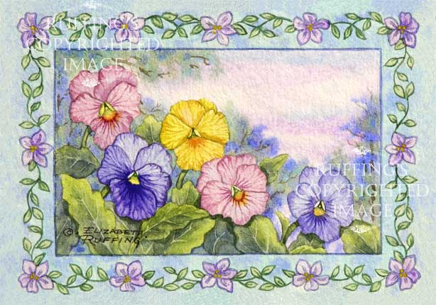 Pansies floral watercolor art paintng by artist Elizabeth Ruffing