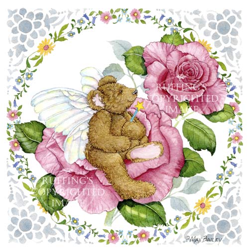 Fairy Bear teddy bear on pink roses watercolor art by Max Bailey