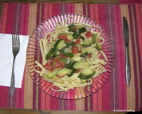 Zucchini, parsley, onion, tomatoes, and fettuccine