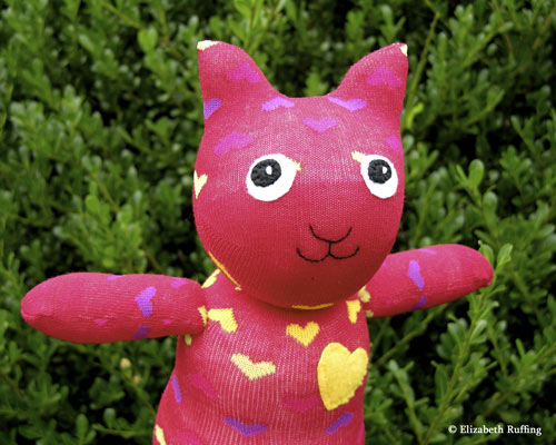 Red with hearts Hug Me! Sock Kitten by Elizabeth Ruffing