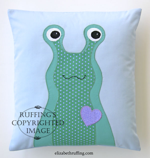 Hug Me Slug appliqued decorative throw pillow by Elizabeth Ruffing