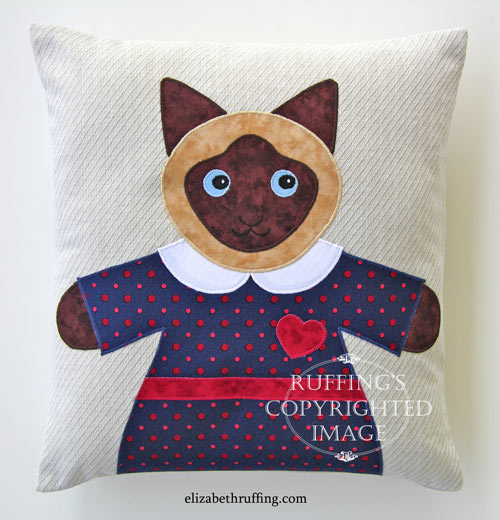 Siamese Hug Me! Kitty appliqued decorative throw pillow by Elizabeth Ruffing