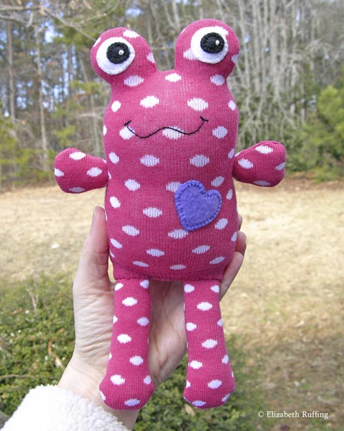 Dark Pink with White Polka-dots Hug Me Sock Toad by Elizabeth Ruffing