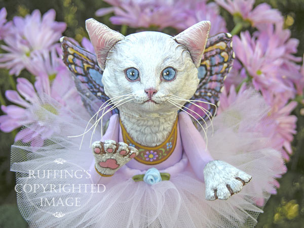 Opal the Pixie Kitten, Original, One-of-a-kind art doll by Max Bailey and Elizabeth Ruffing, version 1, White Turkish Angora Cat with Lavender-pink Chrysanthemums