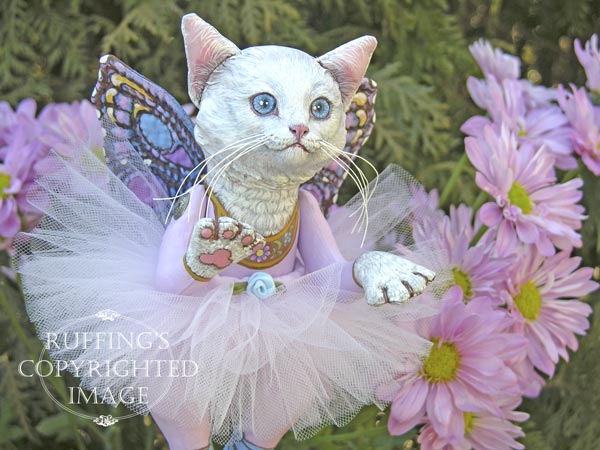 Opal the Pixie Kitten, Original, One-of-a-kind art doll by Max Bailey and Elizabeth Ruffing, version 2, White Turkish Angora Cat with Lavender-pink Chrysanthemums
