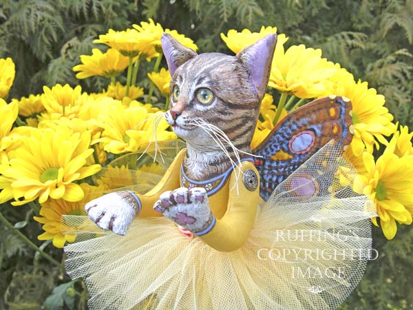 Celeste the Pixie Kitten, Original, One-of-a-kind art doll by Max Bailey and Elizabeth Ruffing, version 2, Tabby Cat, with Golden-yellow Chrysanthemums