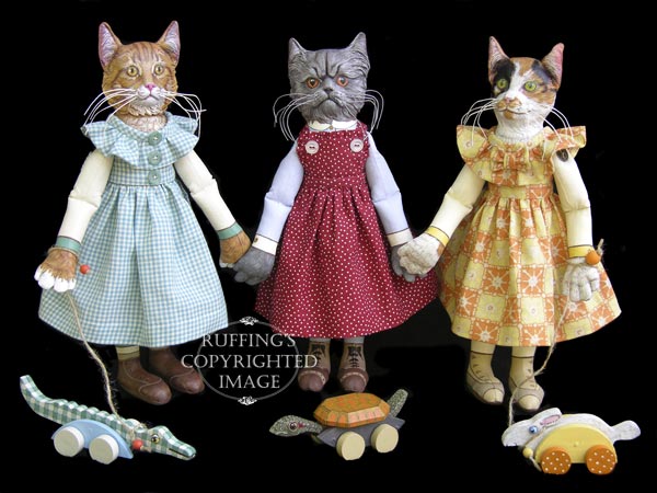 Three Little Kittens, Original, One-of-a-kind art dolls by Max Bailey, photo by Elizabeth Ruffing, Ginger Tabby Cat, Blue Persian Cat, and Calico Cat Original, One-of-a-kind Art Dolls