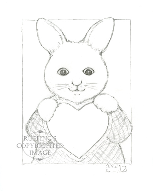 Bunny rabbit with heart, pencil drawing by Elizabeth Ruffing