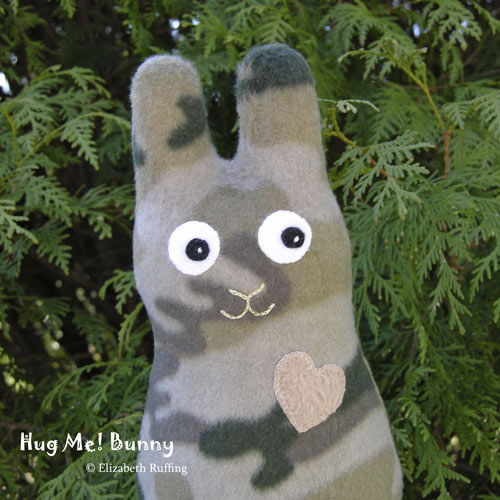 Hug Me Camo Bunny, Original Art Toy by Elizabeth Ruffing, in camouflage fleece