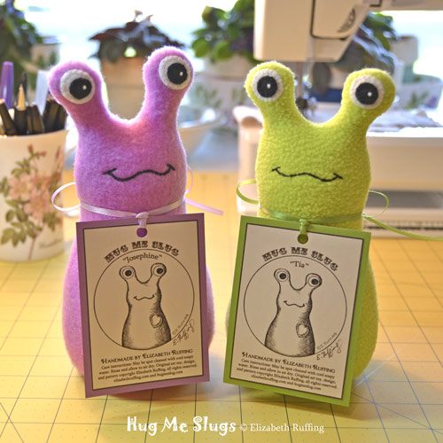 Orchid and Bright Light Green Fleece Hug Me Slug Art Toys by Elizabeth Ruffing
