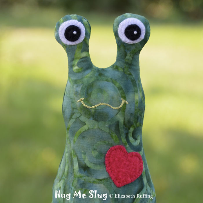 Green Batik Hug Me Slug Art Toy by Elizabeth Ruffing