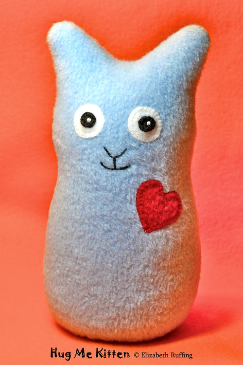 Light blue fleece Hug Me Kitten, original art toy by Elizabeth Ruffing